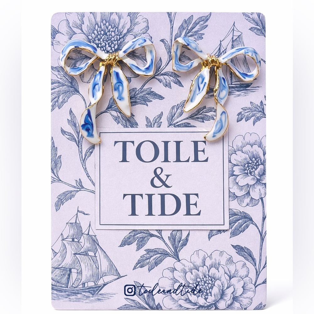 Blue White Porcelain Bow Earrings Gold Trim | Coastal Ribbon Statement Earrings